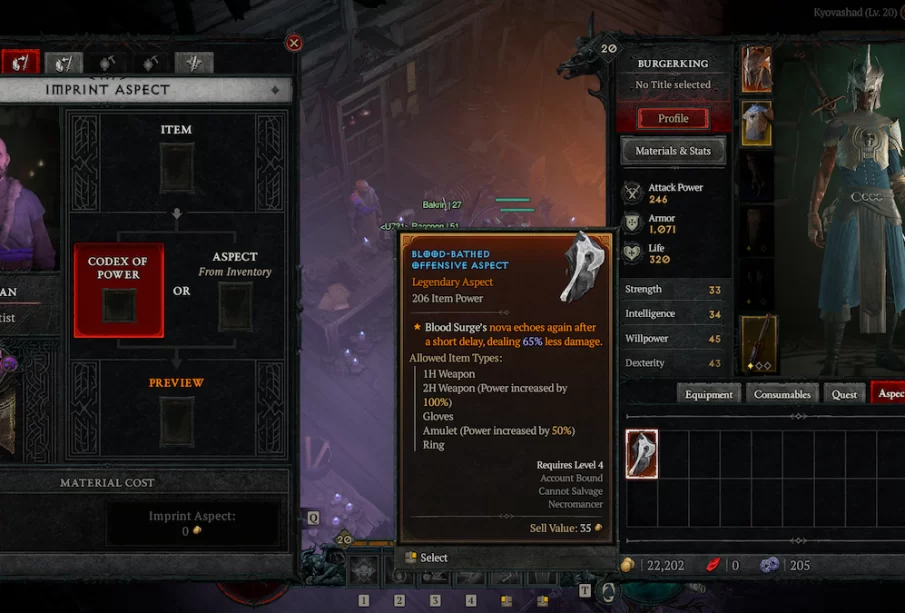 Diablo 4 Character Using The Aspect From Inventory Option