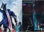 Side by side images of Dante, Nero, and V with their backs turned to the viewer and Nero fighting enemies