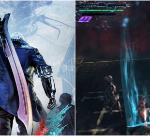 Side by side images of Dante, Nero, and V with their backs turned to the viewer and Nero fighting enemies
